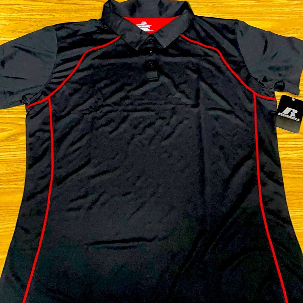 Russell polo shirt collar 3 buttons black w red piping XXL